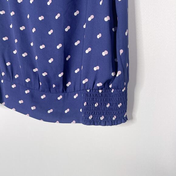 Ann Taylor Large L Blue Polka Dot Flutter Sleeve V Neck Blouse Top Cinch Hem - Picture 4 of 8